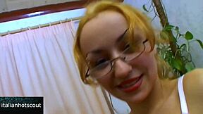 Blonde teen slut with glasses rides cock cowgirl then bends for doggystyle cum in mouth