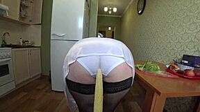 Girlfriend's big ass shakes wildly as busty milf pussy grinds corn in lesbian POV