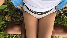 Chubby Asian girlfriend roughly fucked outdoors in forest with creampie on wet pussy