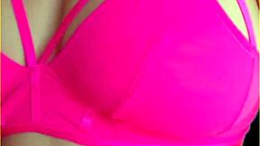 Aussie housewife flashes perfect big tits in hot pink lingerie