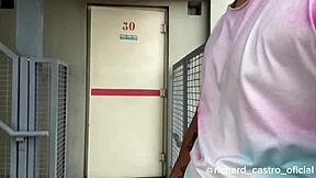 Doorman caught masturbating outdoors in emergency exit POV