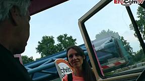 skinny german milf hitchhiker picked up for outdoor car sex with old man skinny tits exposed