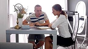 horny russian teen bends over desk for rough doggystyle pounding from behind