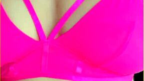 Aussie housewife flashes perfect big tits in hot pink lingerie