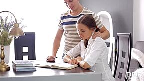 horny russian teen bends over desk for rough doggystyle pounding from behind