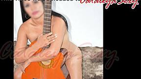Latina model poses sensual in lingerie outfits naked with guitar