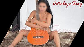 Latina model poses sensual in lingerie outfits naked with guitar