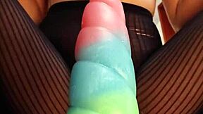 yo who's riding that bad dragon dildo close up on her hairy wet pussy with monster cock toy in sneakers