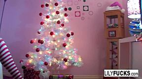 lily's christmas squirting moments build as sexy brunette pornstar fingers pussy to explosive solo orgasm