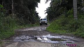 Bound teen's pussy squirting wildly as she's railed hard tied up?