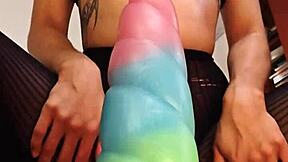 yo who's riding that bad dragon dildo close up on her hairy wet pussy with monster cock toy in sneakers