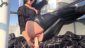 brunette babe larajuicy rides dildo squirting publicly in ferris wheel