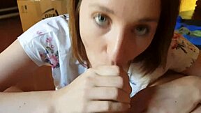 Petite brunette neighbor sucks huge cock sloppy and swallows cum twice