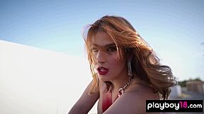 Big boobed redhead latina La Sirena strips outdoors flashing pierced nipples in lingerie