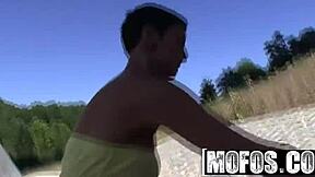 skinny blonde teen sucks cock in car after public pickup