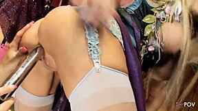 Blonde big tits lesbians finger pussies kiss and masturbate to group orgasm