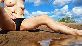 Fingering Shaved Pussy to Wet Orgasm on Crowded Public Beach