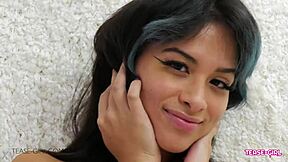 petite teen 18+ flaunts perfect body in daddy casting interview on sofa