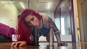 brazilian latina sits on giant black bbc dildo watch her wet pussy ride it all the way down