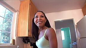 brunette mommy in fishnets heels rides big cock from cowgirl to doggystyle cumshot on bed