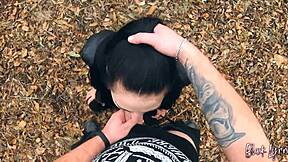 long haired brunette teen in leather leggings facefucked outdoors by huge cock