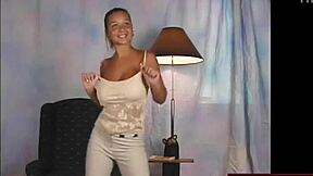 Big Tits Model Teen Shakes Boobs Jumping in Sexy Beige Dress