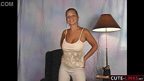 Big Tits Model Teen Shakes Boobs Jumping in Sexy Beige Dress