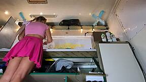 In my pink skirt with no panties, I flash pussy to hidden cam