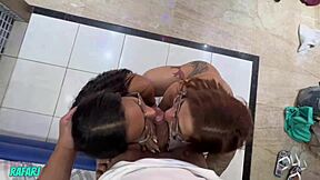 Blonde and redhead sluts share stud's cum in hot threesome!