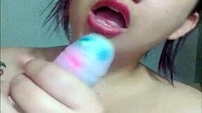 Curvy Colombian cutie shows off dildo sucking skills solo