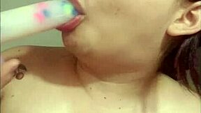 Curvy Colombian cutie shows off dildo sucking skills solo