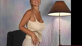 Big Tits Model Teen Shakes Boobs Jumping in Sexy Beige Dress