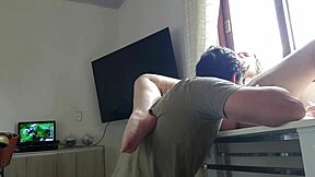 he bends his big-ass blonde girlfriend over the kitchen counter for some rough fun