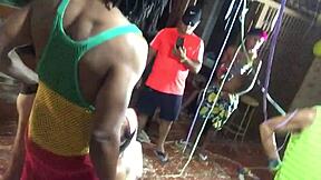 Tattooed stud pounds blonde's pussy publicly at carnival orgy