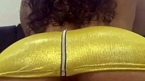 Curly brunette teases young stud dancing funk sans panties he fills her pussy creampie.