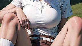 blonde ai flashes panty-less pussy under golf skirt outdoors