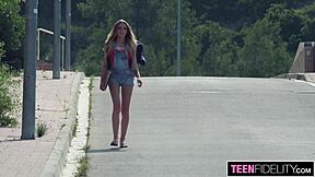 European teen hitchhiker squirts hard on thick cock