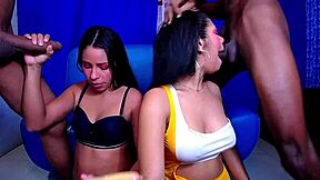 Two eager street whores kneel down for intense blowjobs from big cocks