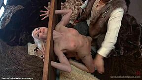 stockaded milf gags on monster cock during brutal ass pounding