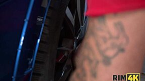 😏 big boobs latina milf rims repairman's asshole bent over in car shop before doggystyle facial!