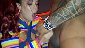 Bodybuilder milf deepthroats monster cock in party fantasy with pierced nipples