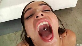 her mouth overflowing with six thick loads from gangbang bukkake orgy