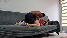 My horny stepmom and I get wild in the living room alone at home with big cock sucking deepthroat action