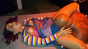 Bodybuilder milf deepthroats monster cock in party fantasy with pierced nipples