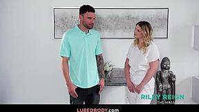 at the ideal athlete retreat alex legend oils up riley reign's shaved pussy for nuru massage and doggystyle