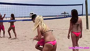beach volleyball turns wild pool party with bikini besties flashing wet curves everywhere