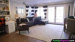 housewife sneaks in after cooking to lick stepdaughter's pussy while hubby fucks her sideways