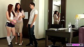 hey milf and teen share a sloppy double blowjob on huge cocks