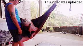 blonde milf gulps cum load after outdoor ass handjob blowjob