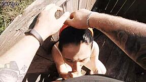 wanna see us risk throat cum at the hunting tower outdoors?